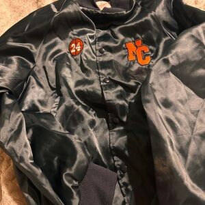STATE Satin Bomber Jacket - Dark Blue with Orange Accents